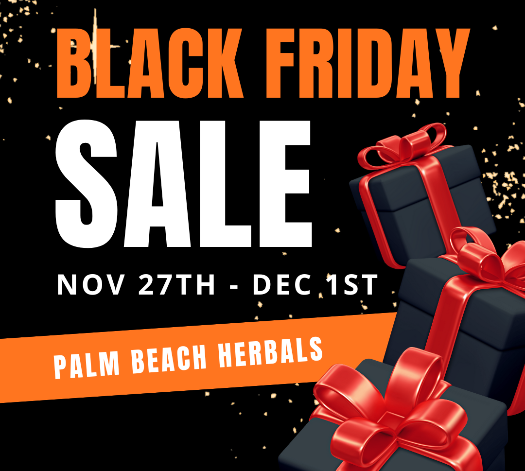 Black Friday sale advertisement with gift boxes and Palm Beach Herbals branding.