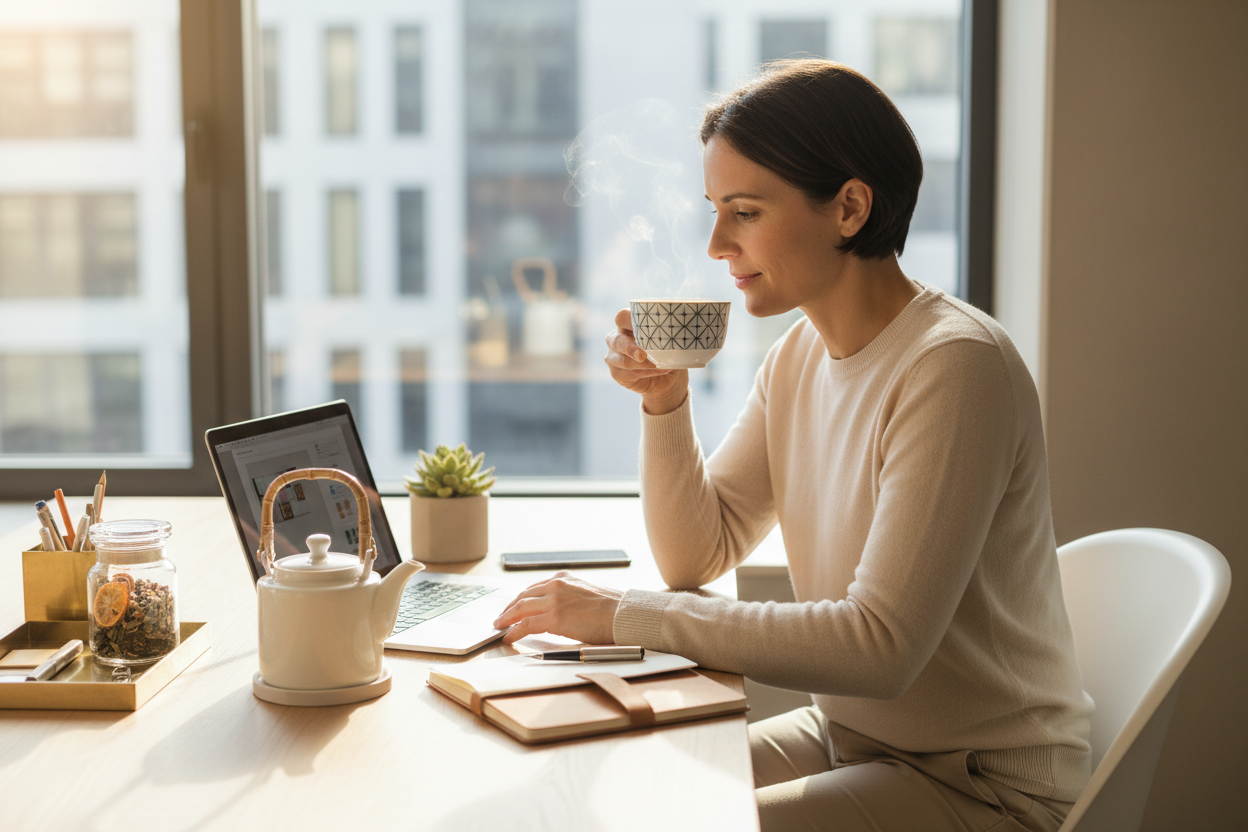 give me a person using a cup of tea at work as their lifestle