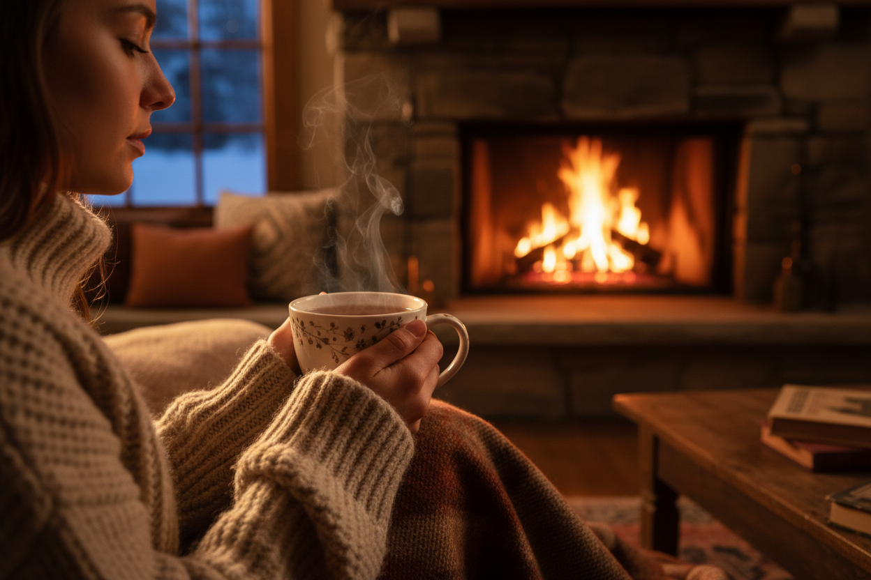 someone sipping tea, cold winter night, fireplace in background, 