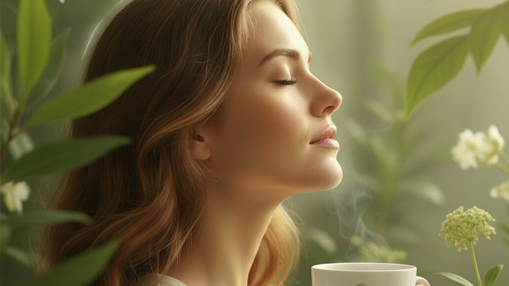 Woman with tea experiencing mental clarity